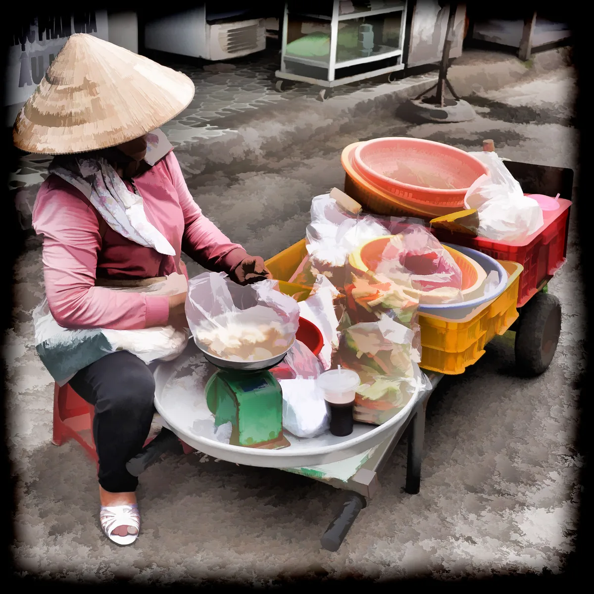 Street-food seller preparing snacks at a roadside stall in central Vietnam, contextual view for travelers planning a trip in
