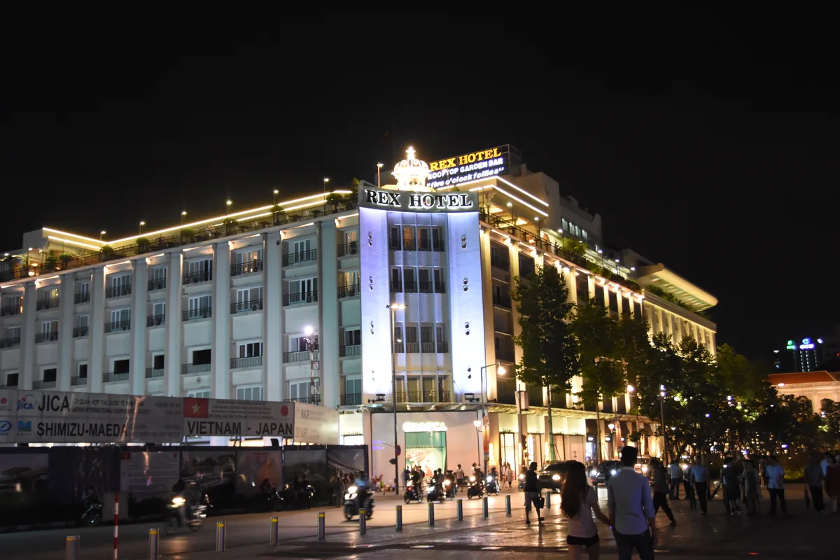 Rex Hotel illuminated beside Nguyen Hue walking street in Ho Chi Minh City