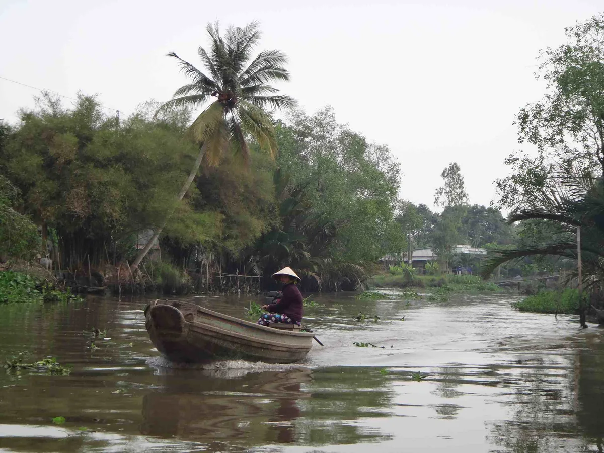 Small wooden boat crossing a palm-lined Mekong Delta canal near Can Tho