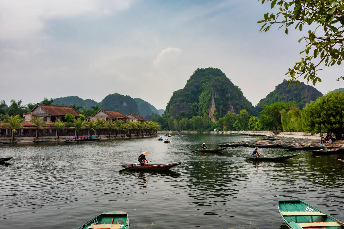 Rowboats crossing calm water beneath limestone karsts in Tam Coc