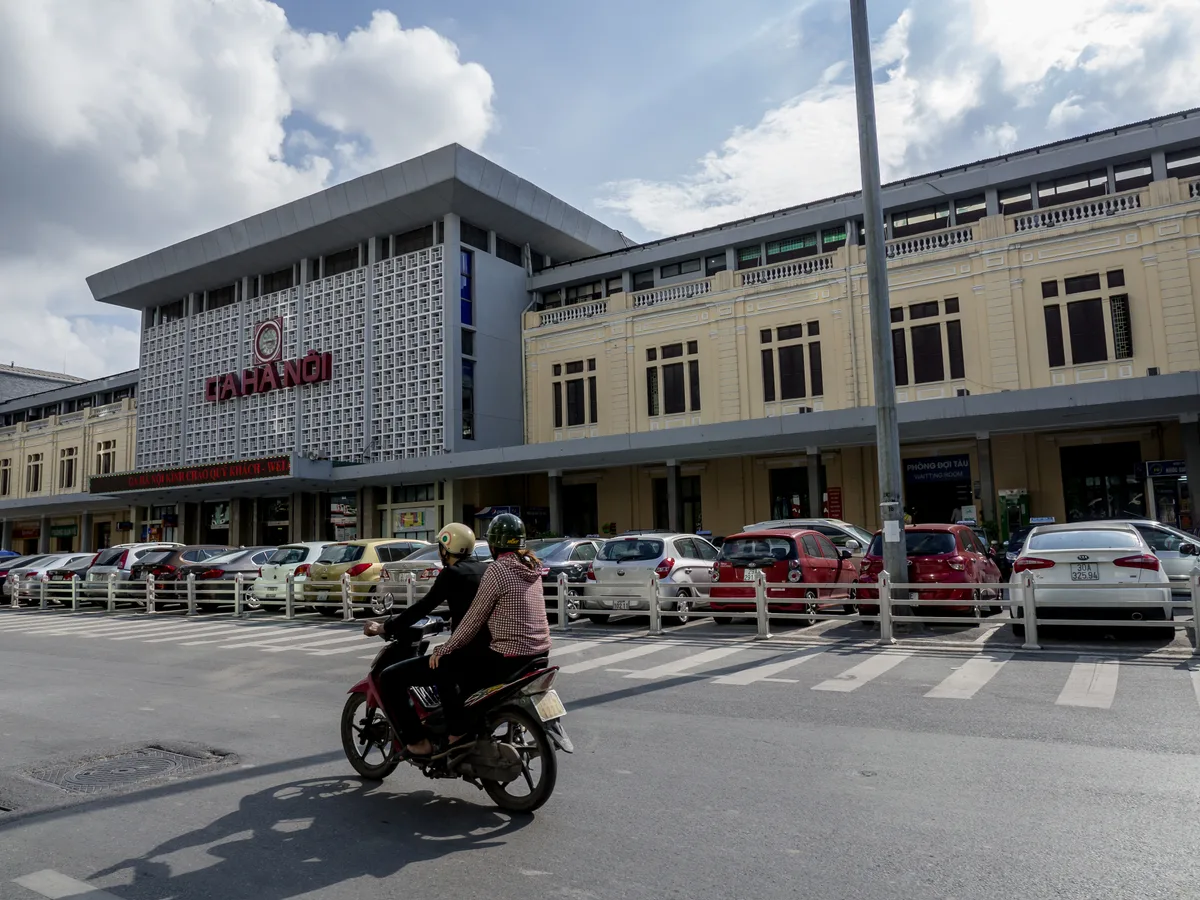 Main entrance and forecourt of Hanoi Railway Station in Vietnam, contextual view for travelers planning a trip in Vietnam